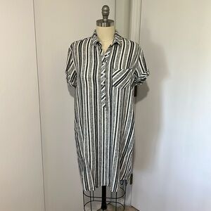 Striped short sleeve button front shirt dress with chest pocket and side pockets